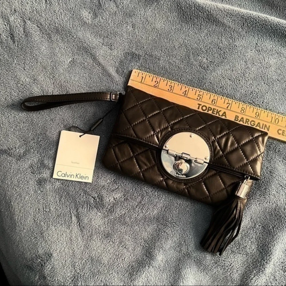 Calvin Klein Fold-over Black Leather Purse NWT Wrist Strap